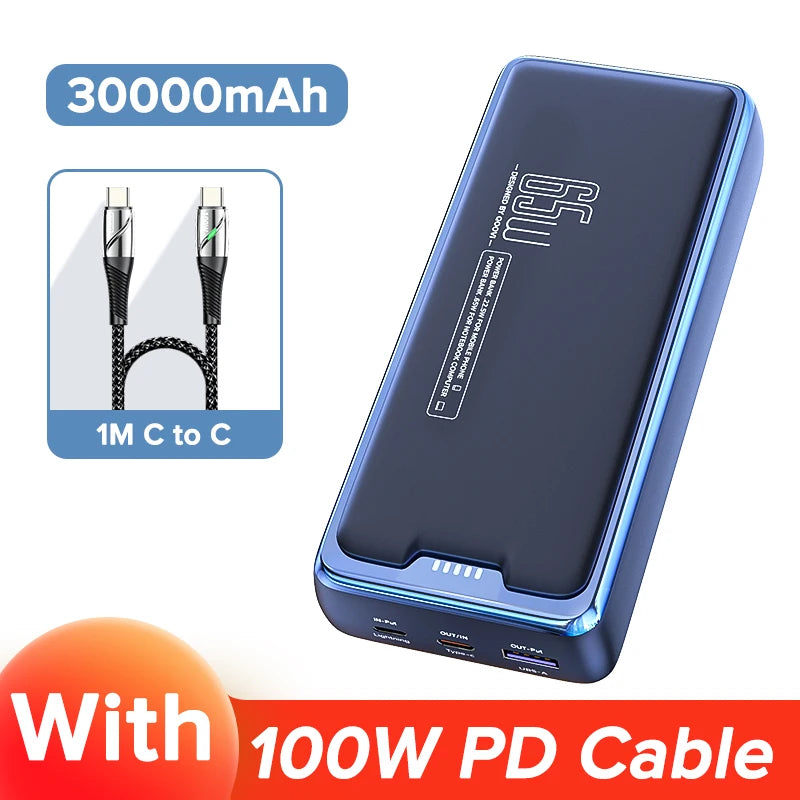 Compact QOOVI 30,000mAh Power Bank – 65W PD Fast Charging | Portable Laptop charger with LED indicator for quick power.