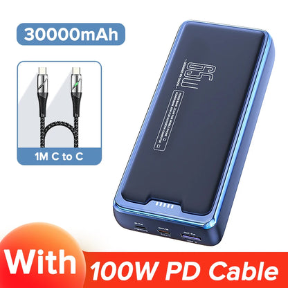 Compact QOOVI 30,000mAh Power Bank – 65W PD Fast Charging | Portable Laptop charger with LED indicator for quick power.