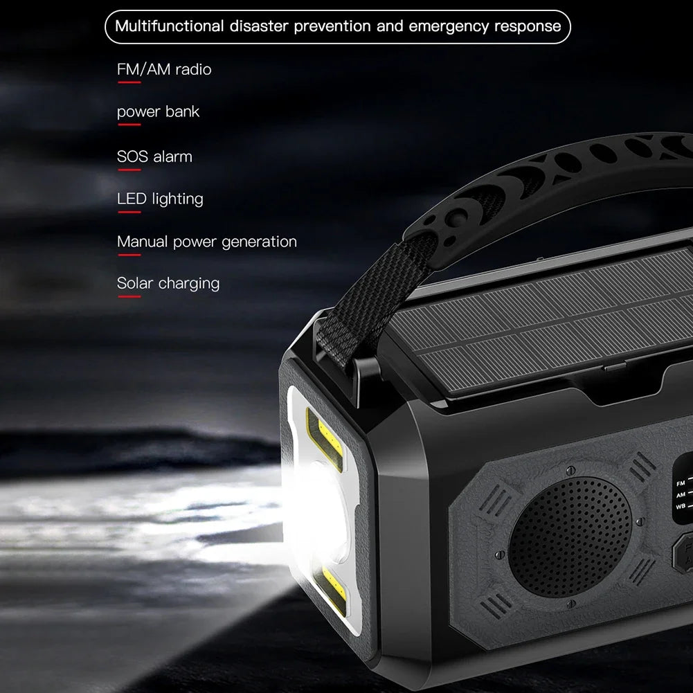 12000mAh Emergency Weather Radio with Dual Solar Panels – Power, Light offers essential power, light, and safety features.