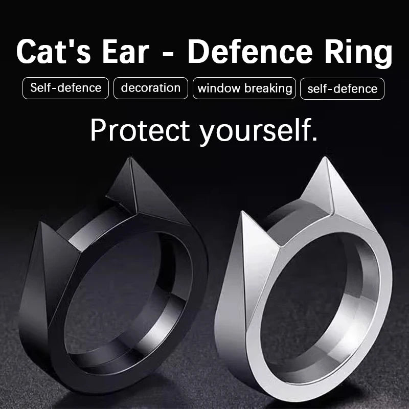 Cat Ear Self-Defense Ring – Multifunctional Emergency Tool for Men, sleek design for self-defense and window breaking.