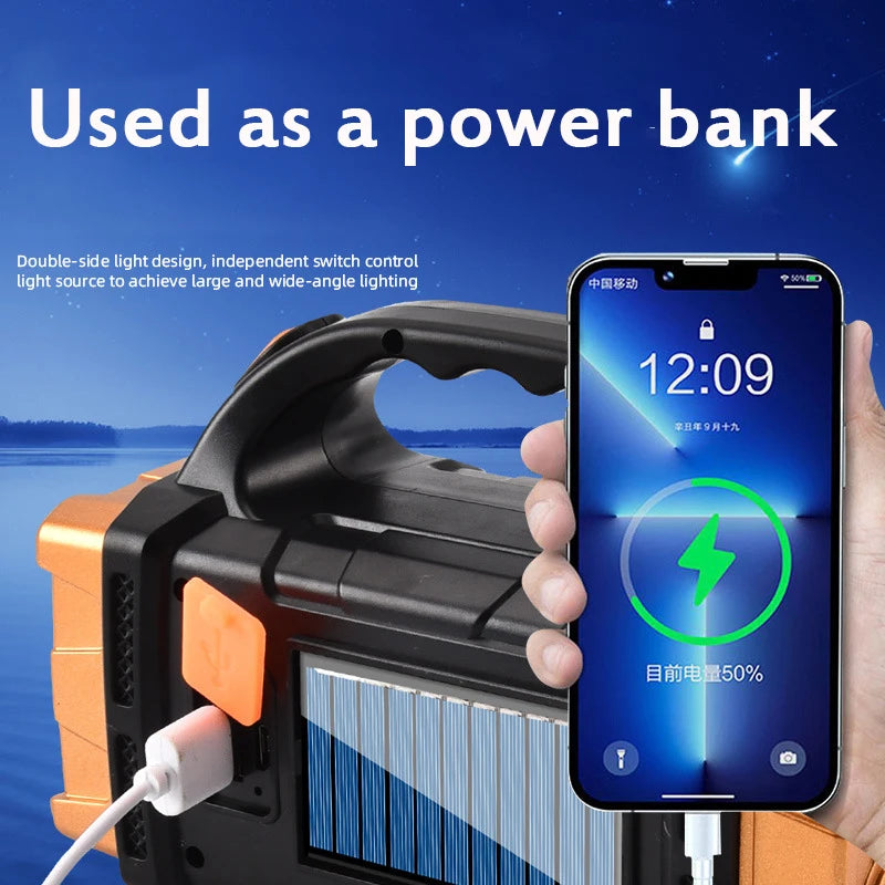 Solar LED flashlight with power bank function, ideal for camping and emergencies, featuring 4 versatile light modes.