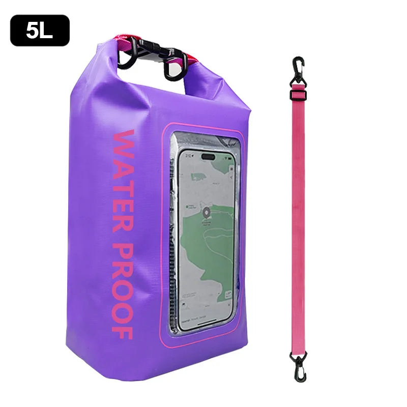 Rugged 2L 5L Dry Bag Swimming Pack with touch screen for waterproof kayak storage, perfect for trekking and boating adventures.