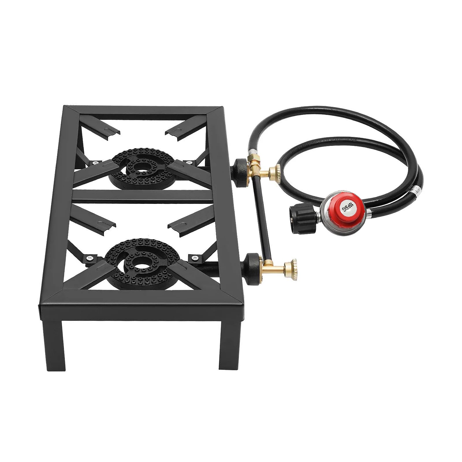Double Burner Outdoor Gas Stove – Portable High-Heat Cooker with Regulator, designed for efficient outdoor cooking.