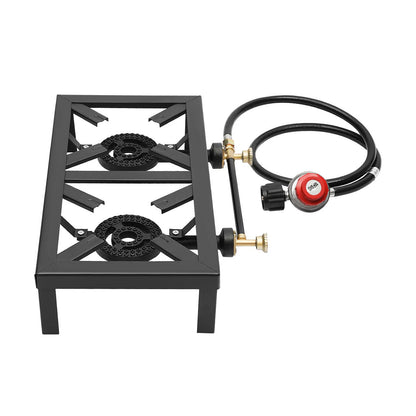 Double Burner Outdoor Gas Stove – Portable High-Heat Cooker with Regulator, designed for efficient outdoor cooking.