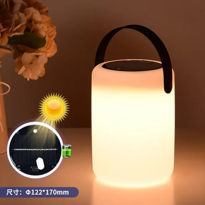 Sleek Solar LED Table Lantern – Portable Outdoor Camping Light, USB rechargeable with weatherproof design and silicone handle.