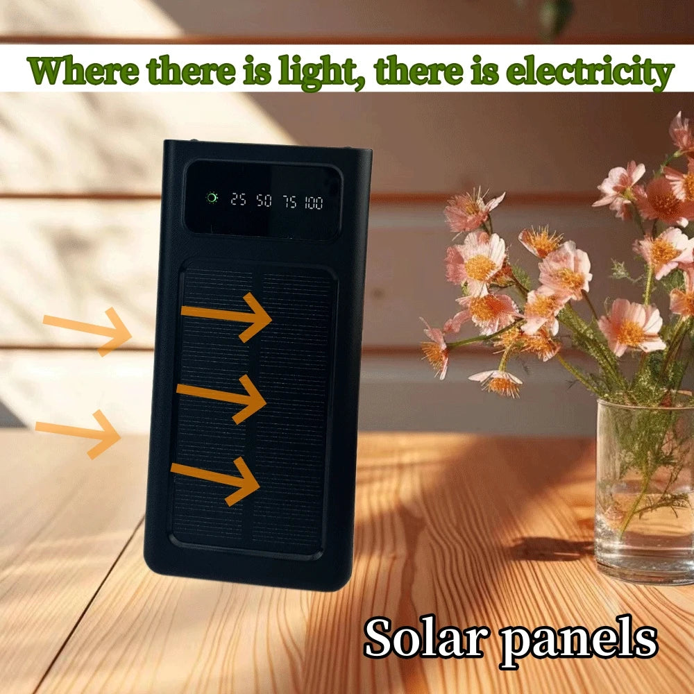 80,000mAh Solar Power Bank with Built-In Cables, featuring solar panels and LED light for iPhone, Xiaomi, and more.
