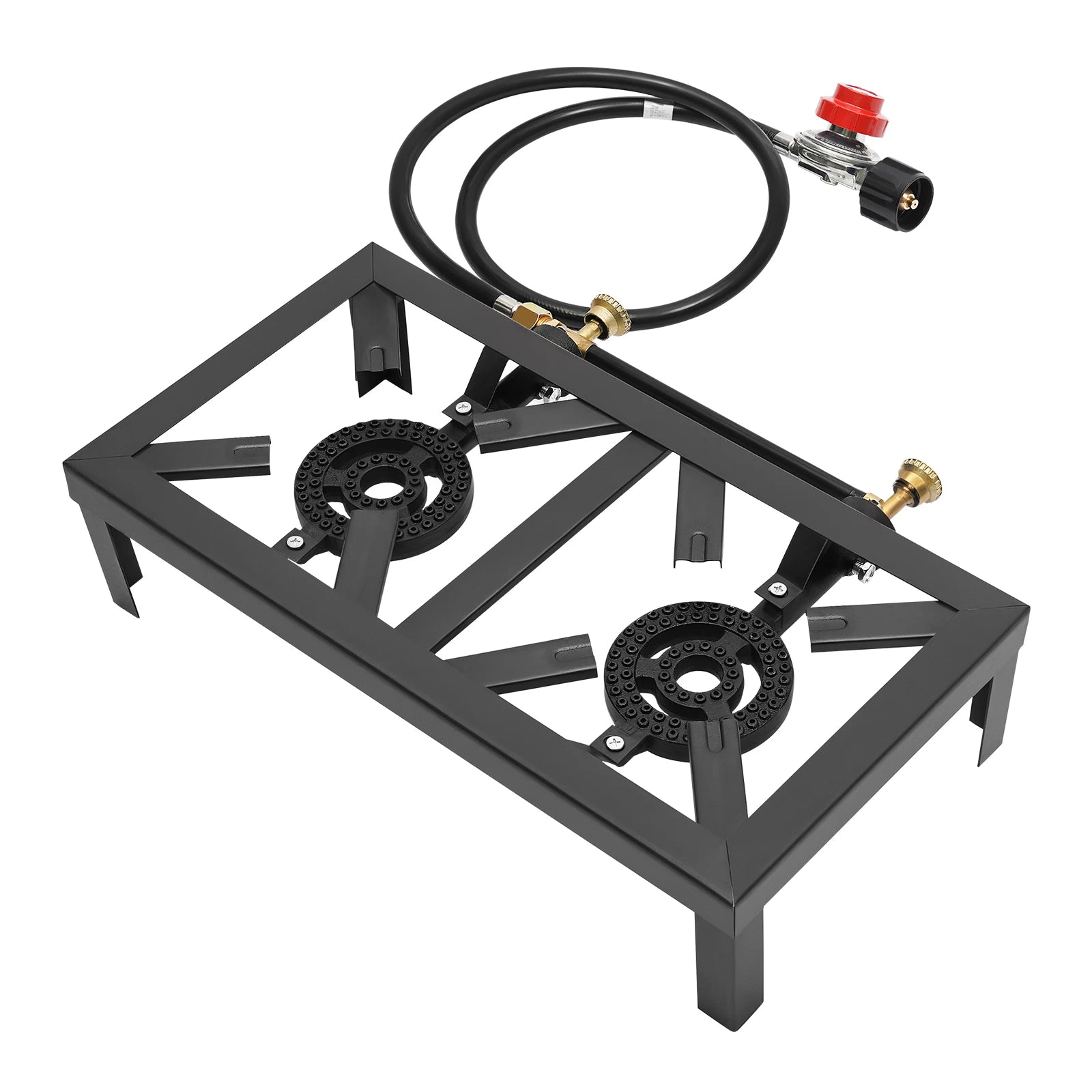 Double Burner Outdoor Gas Stove – Portable High-Heat Cooker with Regulator features robust burners for outdoor cooking.