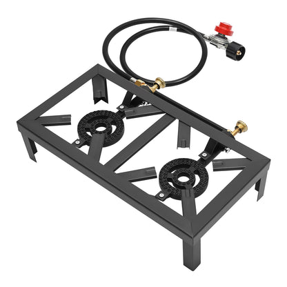 Double Burner Outdoor Gas Stove – Portable High-Heat Cooker with Regulator features robust burners for outdoor cooking.