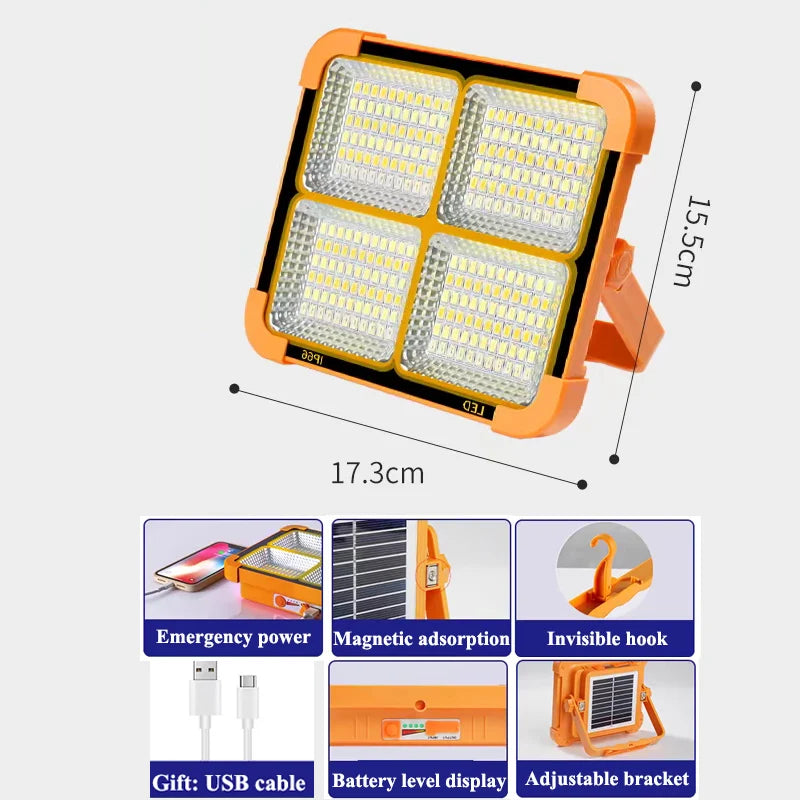 Portable Solar LED Outdoor Light – USB Rechargeable Emergency Lantern | Power Bank with multi-color modes and emergency features.