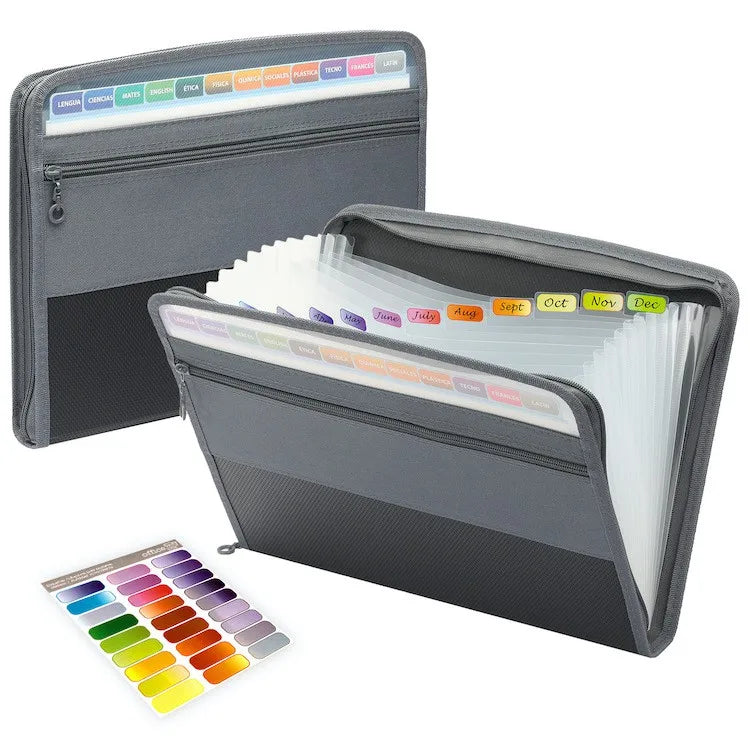 Accordion File Organizer with Safe Zipper, 13 Pocket Expanding File Folder with Front Pencil Pouch for school and office use.