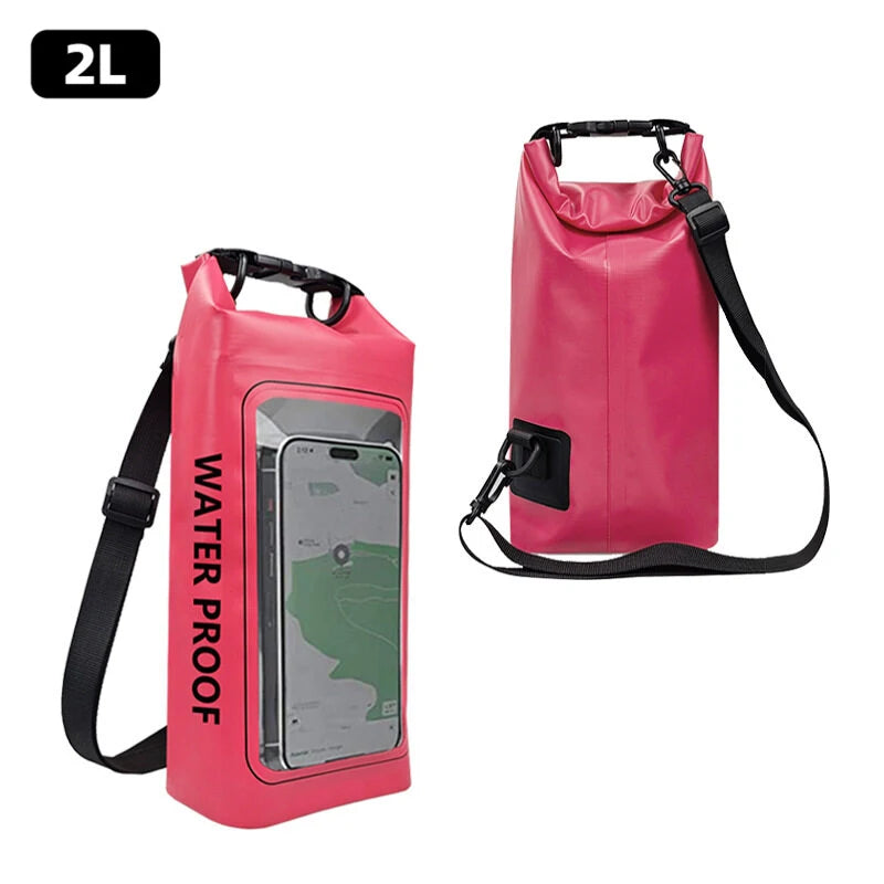 Rugged 2L 5L Dry Bag Swimming Pack with touch screen for outdoor waterproof kayaking, trekking, and boating adventures.