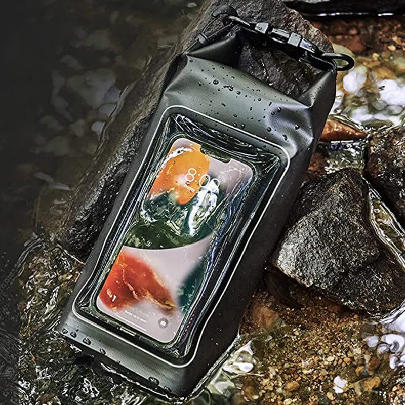 Rugged 2L 5L Dry Bag Swimming Pack with touch screen, perfect for outdoor waterproof kayaking, trekking, and rafting.