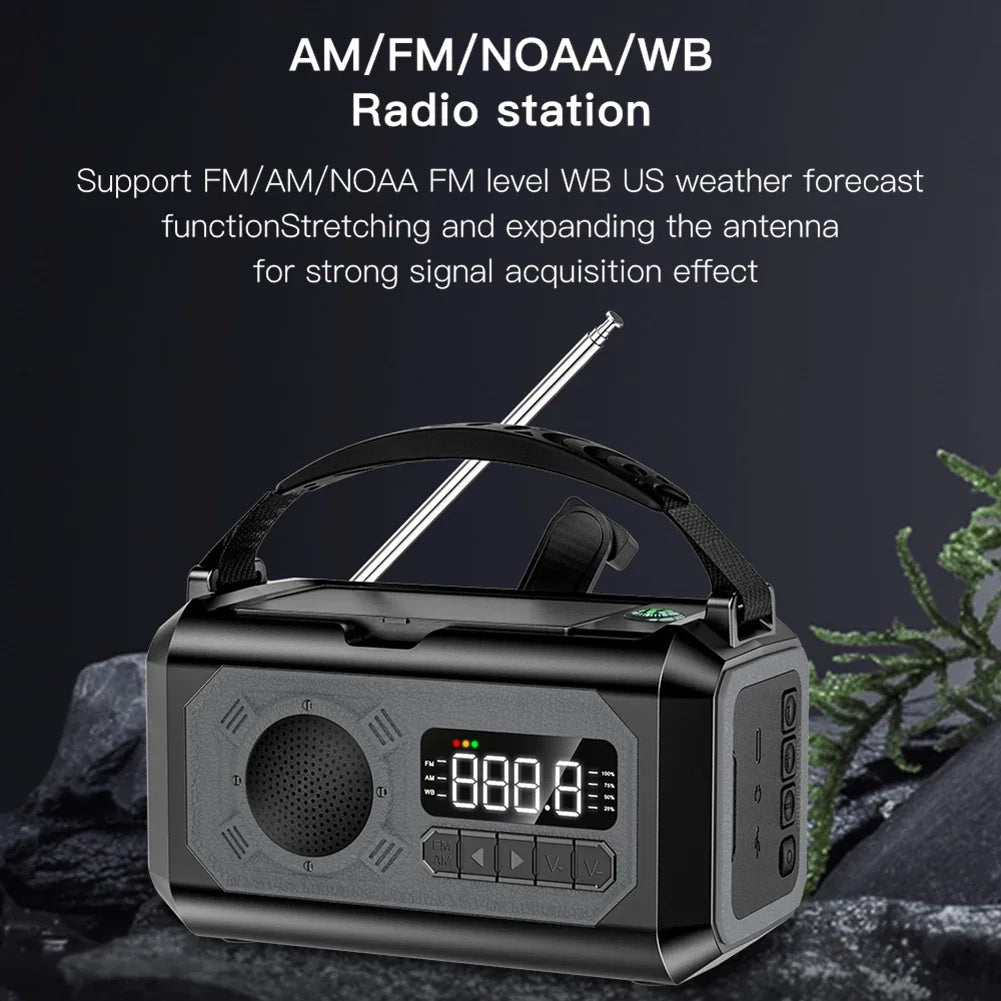 12000mAh Emergency Weather Radio with Dual Solar Panels – Power, Light features NOAA updates and a rugged design for safety.